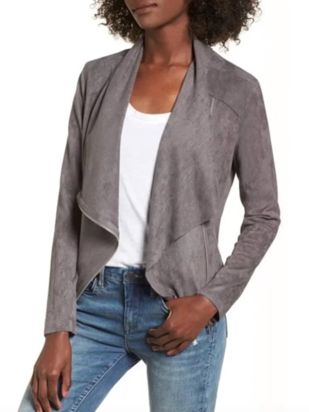 Blank NYC Asymmetrical Zip Drape Front Faux Suede Jacket Grey Size S